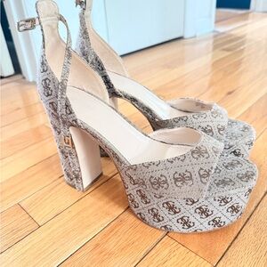 Guess Beige Monogram Platform Sandals